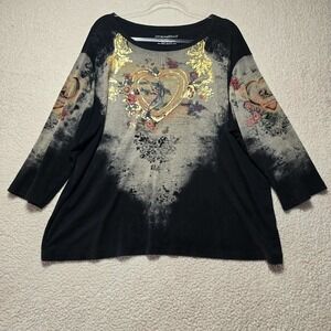 PersonaliTees Womens 2X Graphic T-Shirt Black Gold Bird Heart Floral 3/4 Sleeve